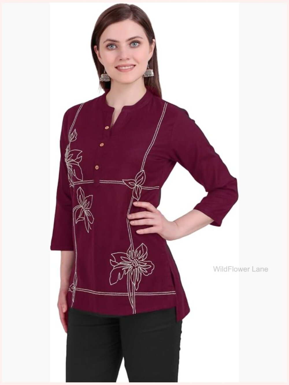Embroidered Cotton Tunic Top - Henley Neck 3/4 Sleeve Blouse